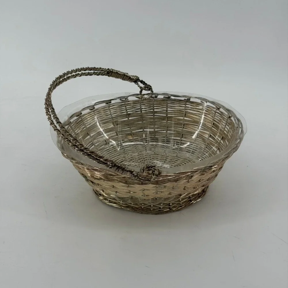 Vintage Silver Tone Woven Wire Oval Basket with Swing Handle and Liner